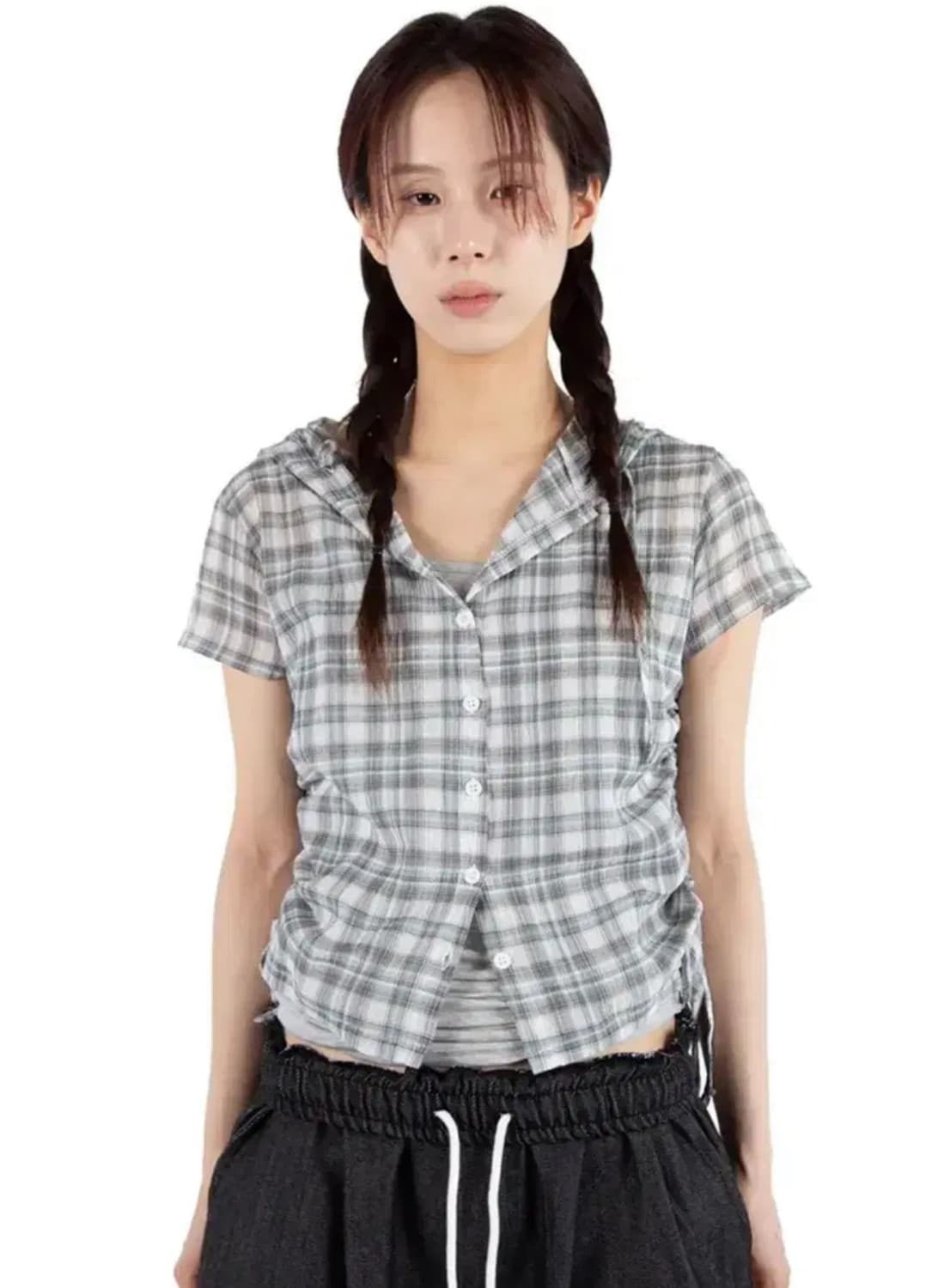 (새상품) 릿킴 체크 후드 반팔 셔츠 블루 상품이미지1