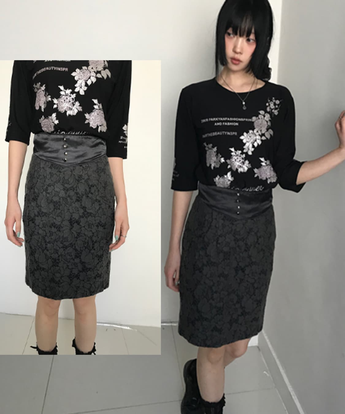 (Vintage)Lace button slim skirt 상품이미지1