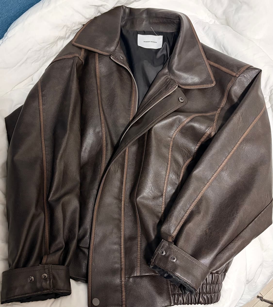 원더원더 세터 빈티지 워싱 절개 박시 레더 자켓 상품이미지4