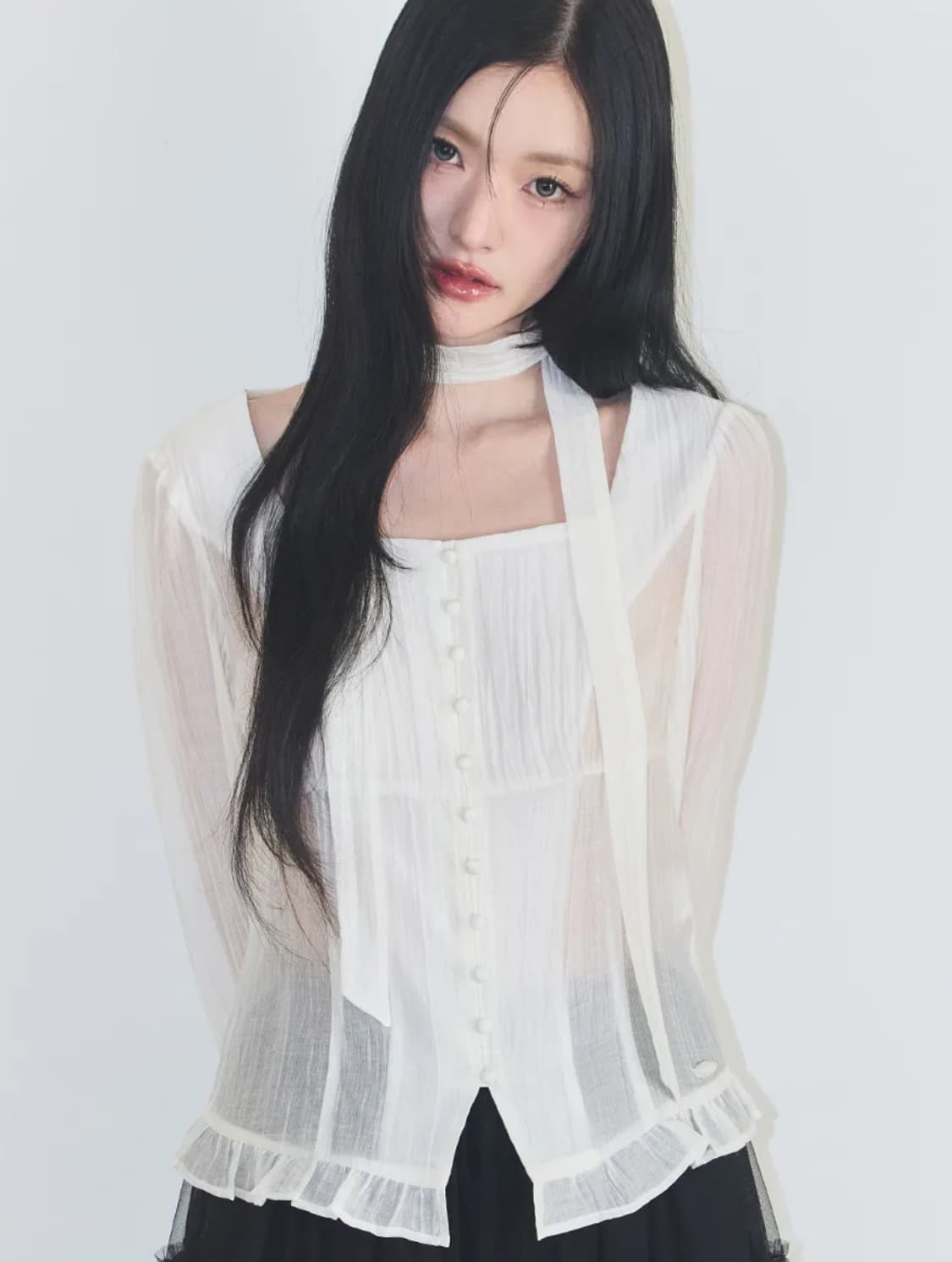 일리고 리본 타이 롱 블라우스 크림 상품이미지1