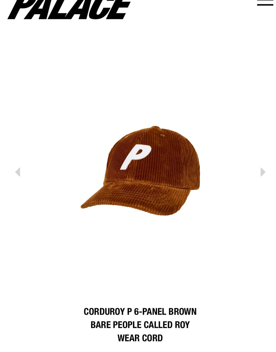 Palace corduroy p 6-Panel brown 상품이미지1