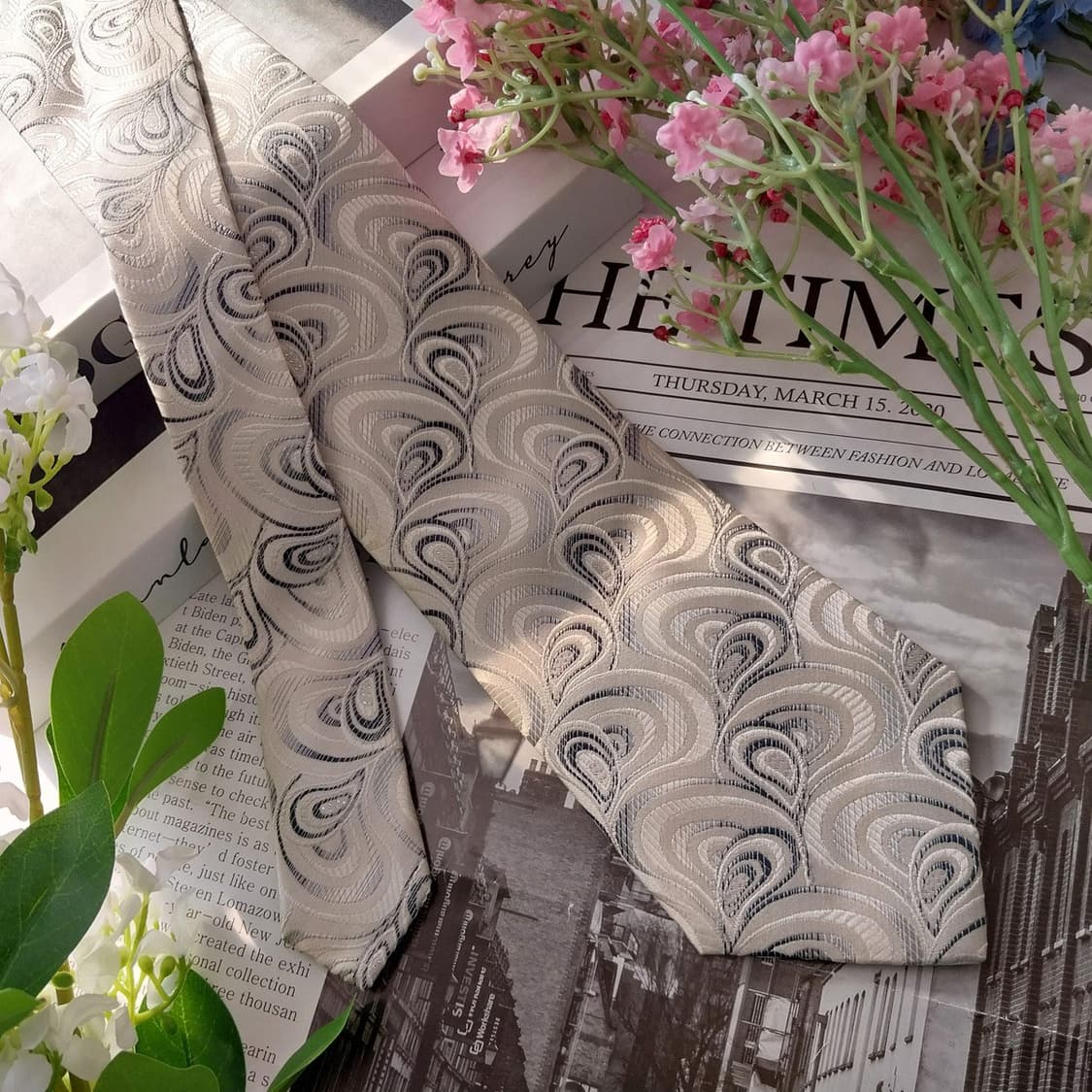 메트로시티 실크 화이트&그레이 패턴 넥타이 8.7cm A+등급 K1413 상품이미지3