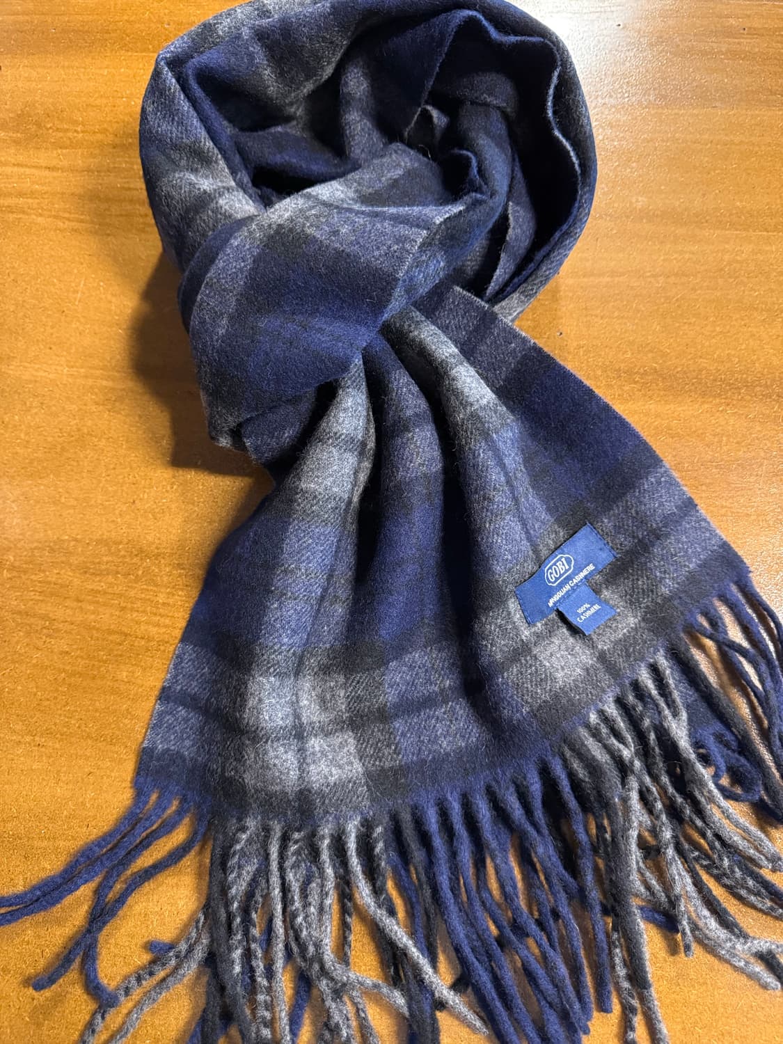 FREE 고비 GOBI 몽골리안 캐시미어 체크 프린지 머플러 네이비 상품이미지2