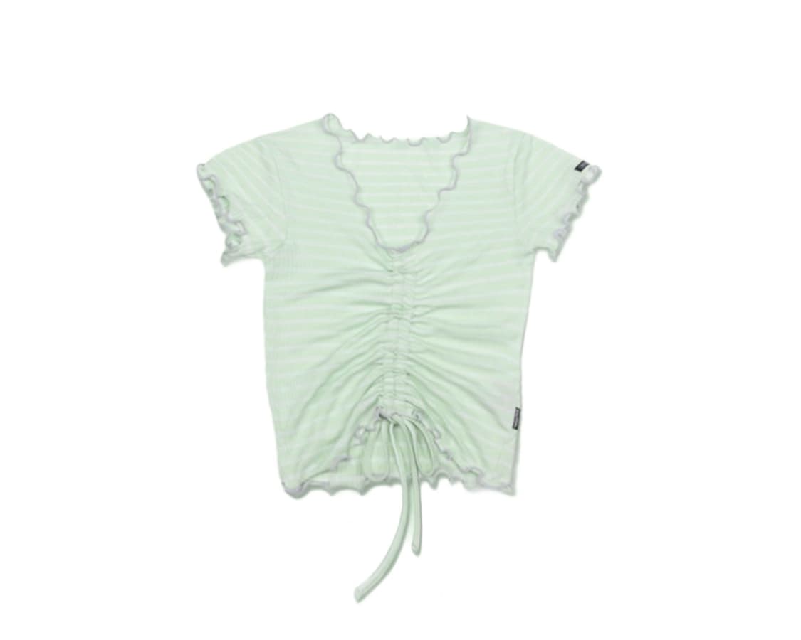 스컬프터 스트라이프 셔링 리본 프릴 반팔 탑 티셔츠 민트 히메갸루 로걀 상품이미지1