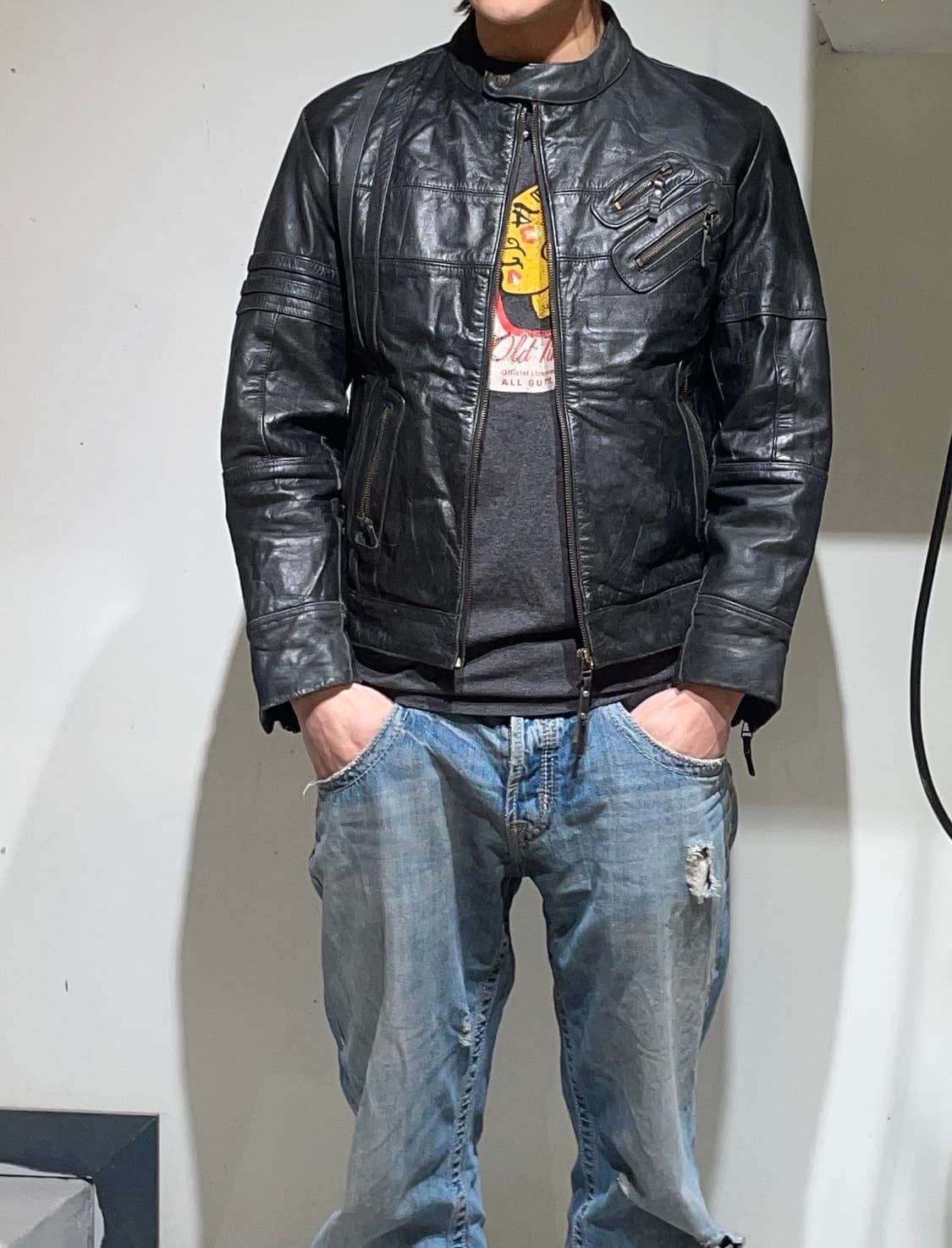 Vintage black biker leather jacket  상품이미지3