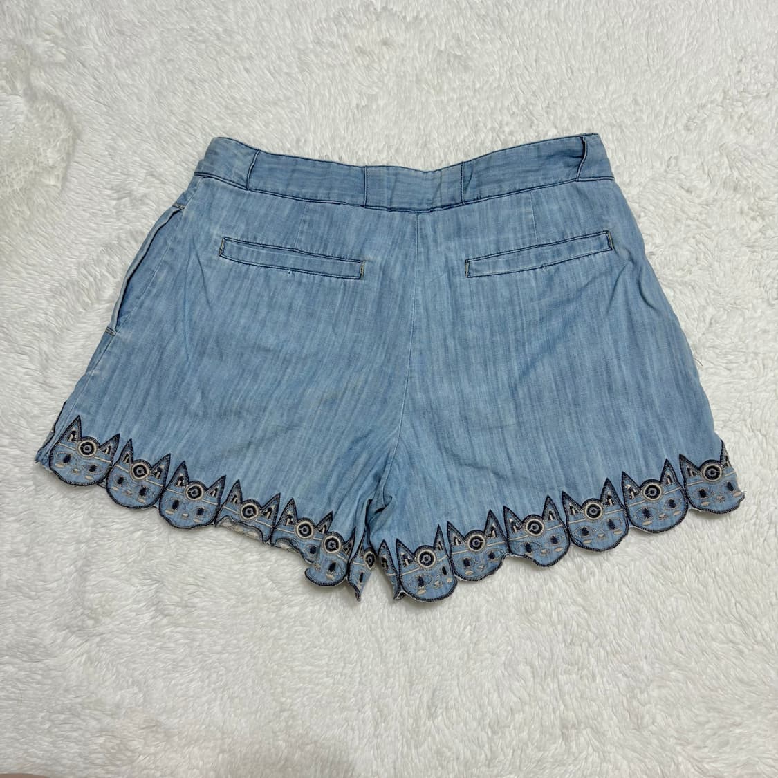 빈티지 고양이 자수 연청 데님 반바지 상품이미지2
