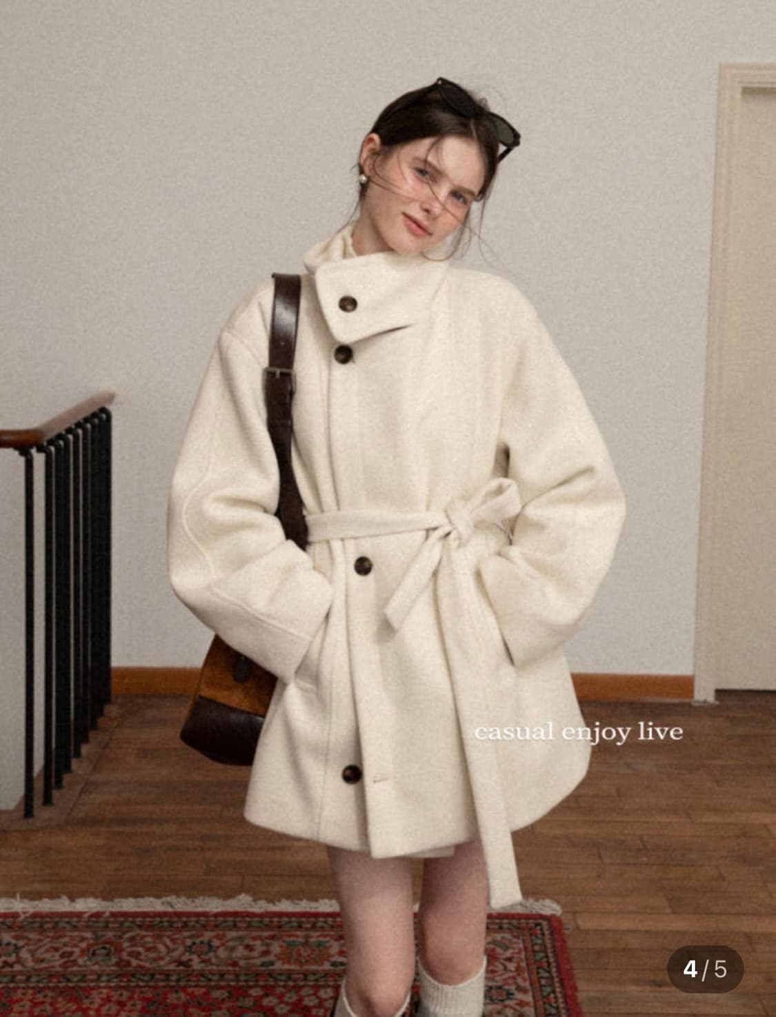 에그카 eggka 하이넥 벨트 단추 하프코트 벨트 장식이 있는 우아한 울 상품이미지1