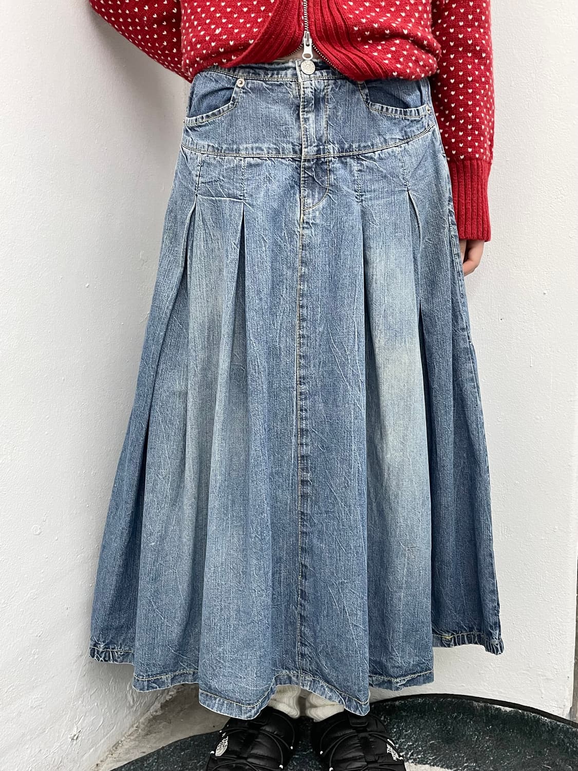 워싱 데님 핀턱 롱스커트 상품이미지3