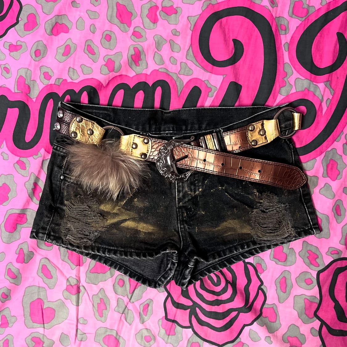 오네갸루 대장 골드 잉크스플래쉬 벨트 퍼 트리밍 숏팬츠 y2k 핀터00s 상품이미지1