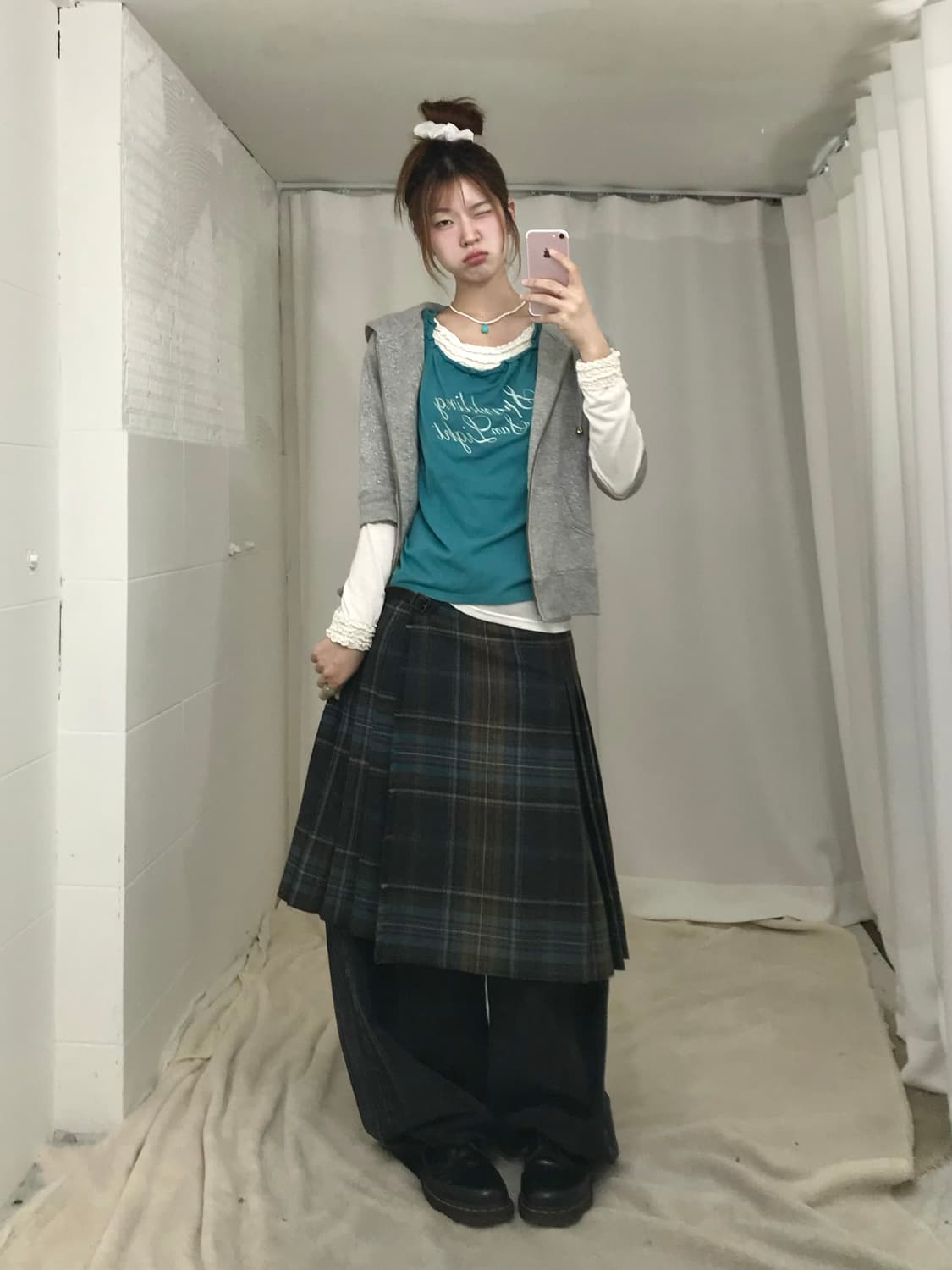 빈티지 민트 펄 그레이 후드집업 너드 니혼진 코디 세트 상품이미지2