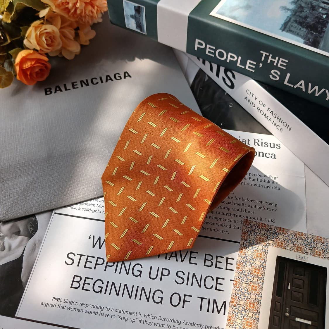 발렌시아가 실크 오렌지 패턴 넥타이 9.5cm A등급 E858 상품이미지4
