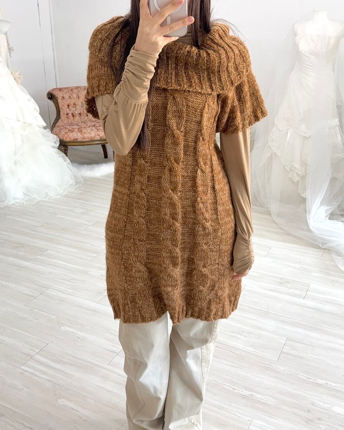 Button point orande brwon knit dress 상품이미지7