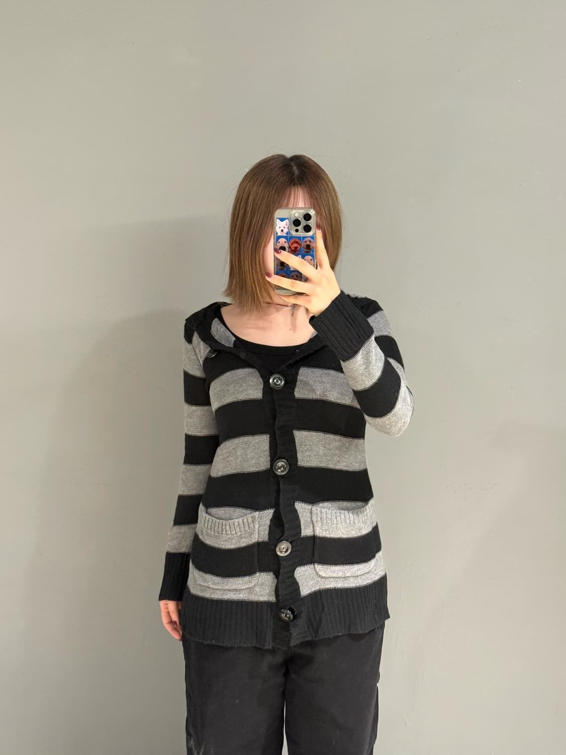 stripe pattern button-up hood cardigan 상품이미지1