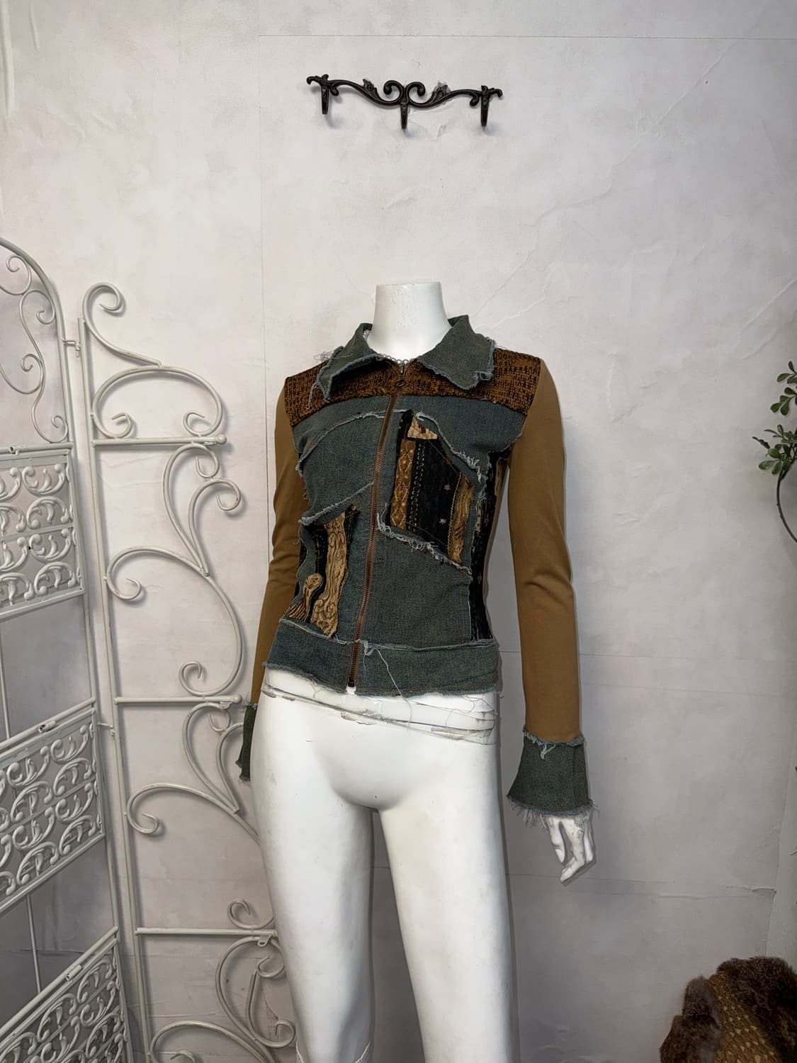 Brown ethnic lace knit patch denim zipup 상품이미지6