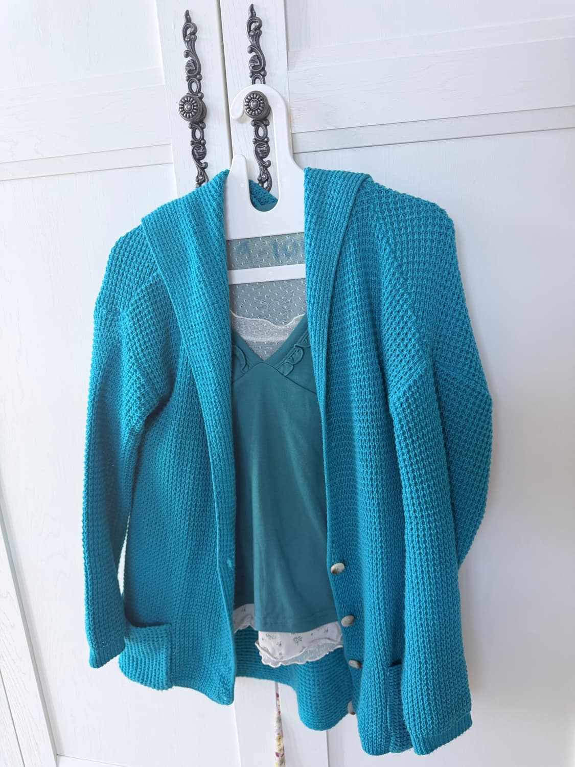 파란 레이스 레이어드 긴팔 + 니트가디건 세트 상품이미지1