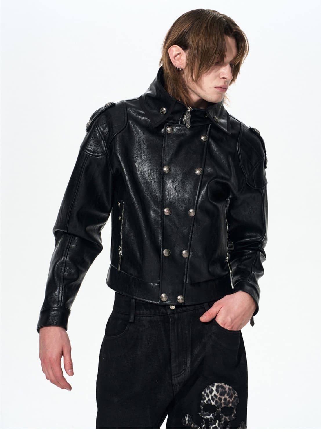 Skull Appliqué Leather Jacket 상품이미지6