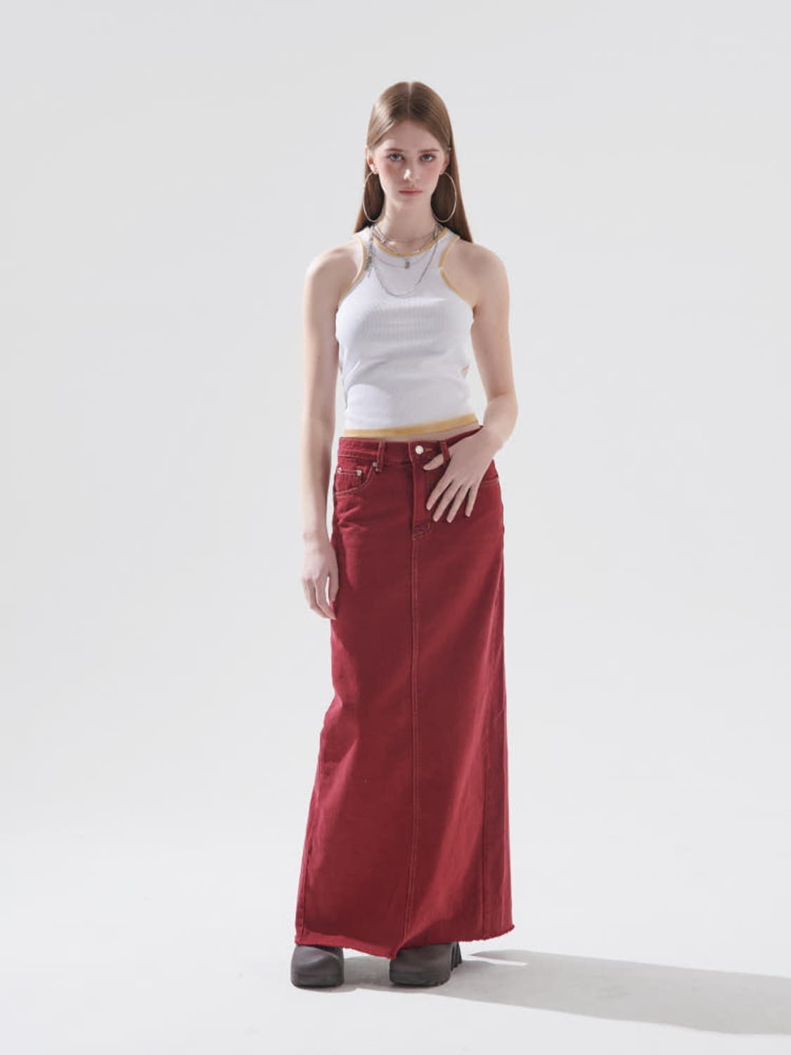 게이트리스 레드 데님 스커트 상품이미지3