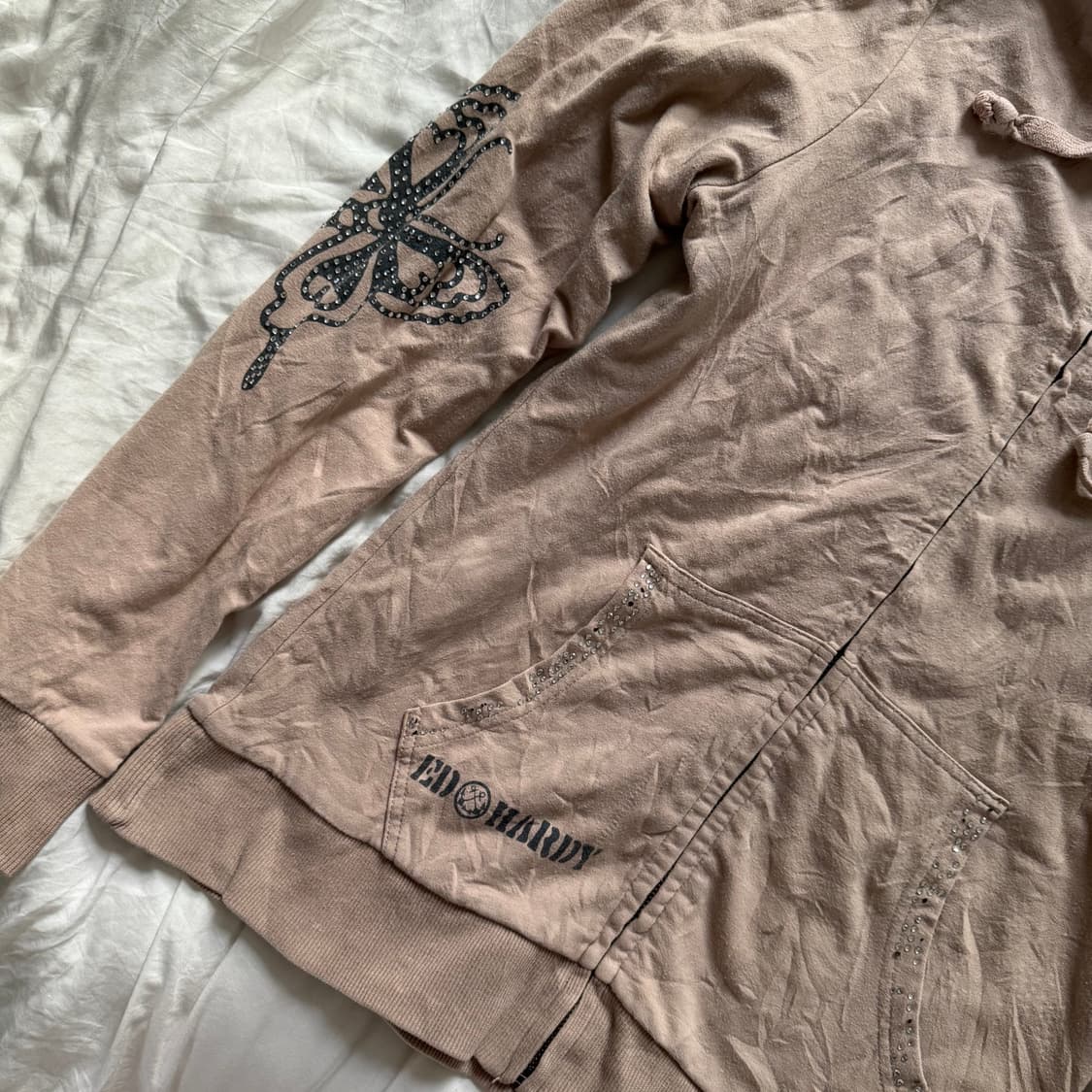 Ed Hardy 에드하디 베이지 올큐빅 블랙로고 슬림핏 딱붙 후드집업 상품이미지4
