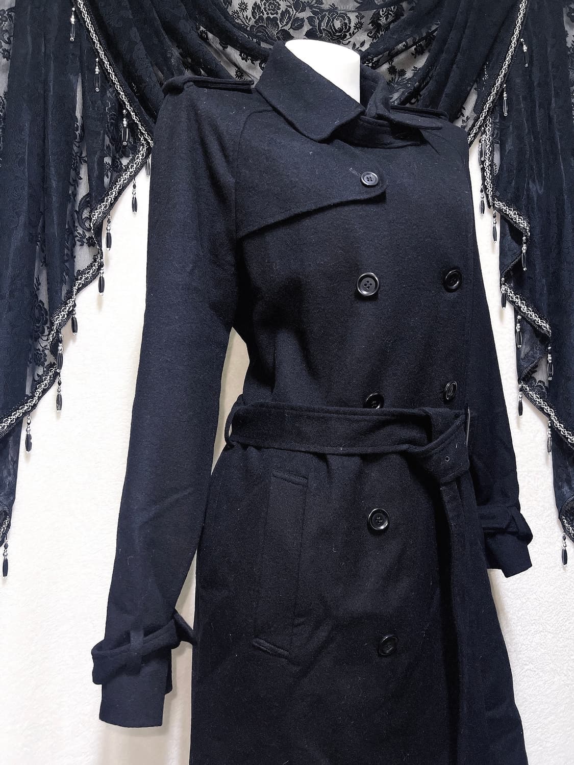 블랙 견장 버튼 모직 롱코트 자켓 고스펑크 갸루 고딕 베이직 다크 핀터 상품이미지7