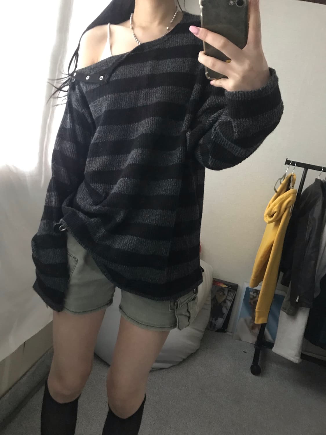 스트라이프 넥버튼 탑 상품이미지2