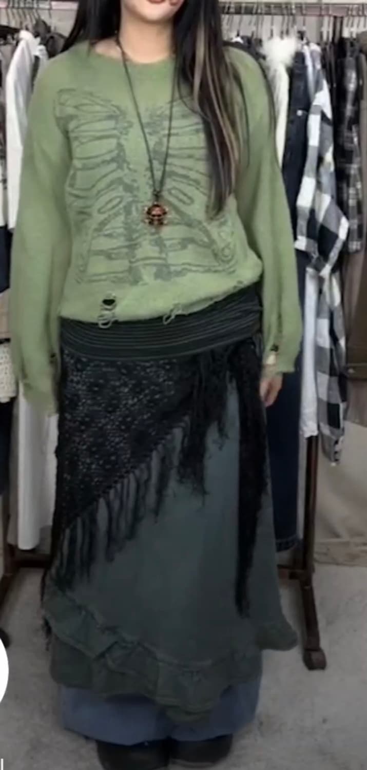 와투케 펑크 펑투케  데님스커트+ 해골 데미지니트 셋트 상품이미지2