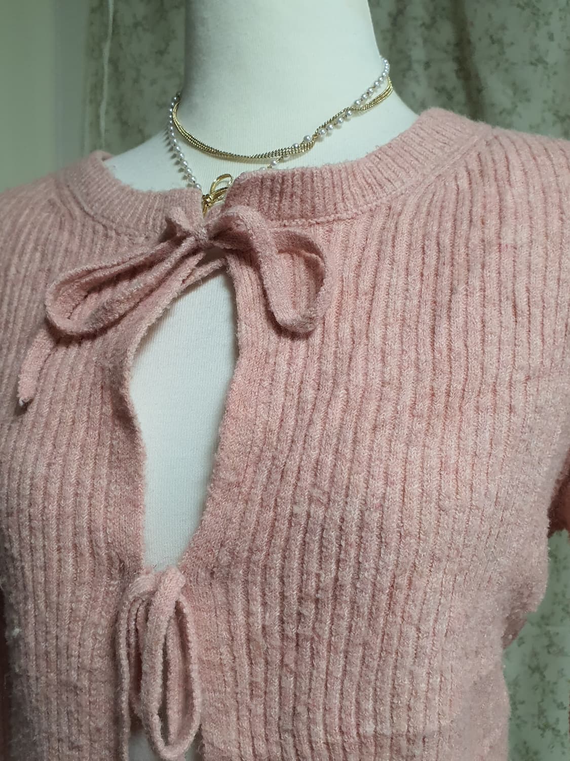 [일본빈티지] 핑크 리본 숏 가디건 니트 발레코어룩 상품이미지3