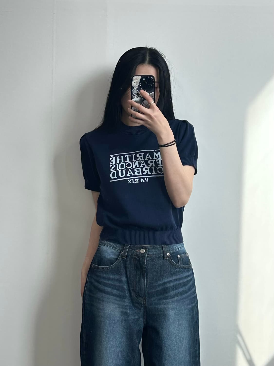 마리떼 프링소와 저버 박스로고 네이비 반팔 니트 상품이미지1