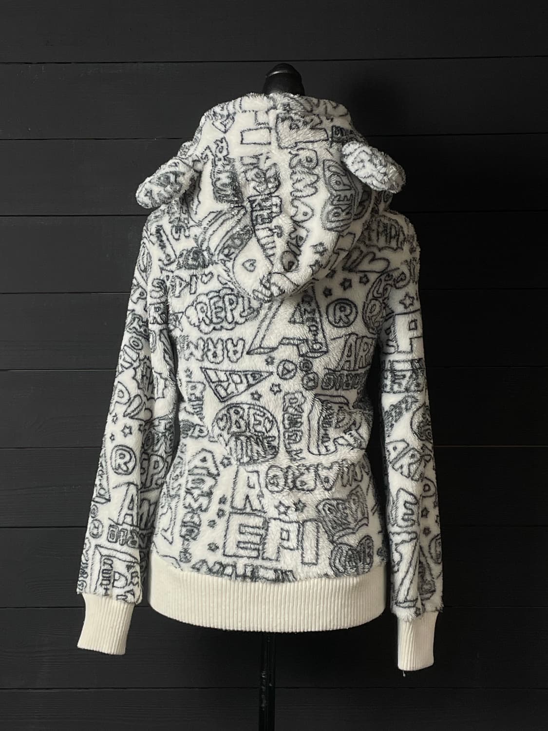 JPN 펑크 레터 퍼 아이보리 쿠마 곰 후드집업 상품이미지3