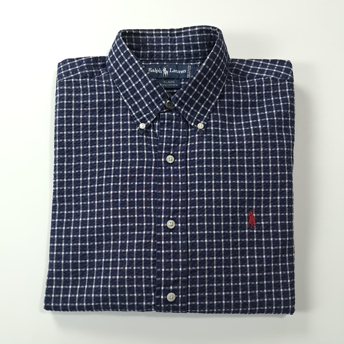 CK162 L 폴로 90s 미국판 시어서커 로얄네이비 스몰체크 셔츠 남 상품이미지7