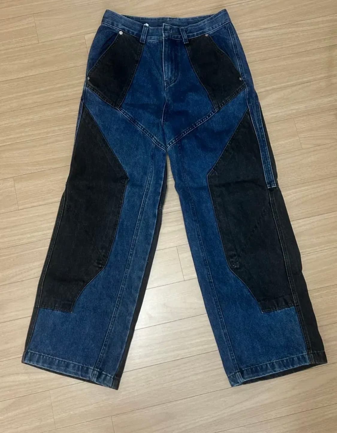 꼼파뇨 믹스드 절개 와이드 데님 팬츠 워시드블루 상품이미지2