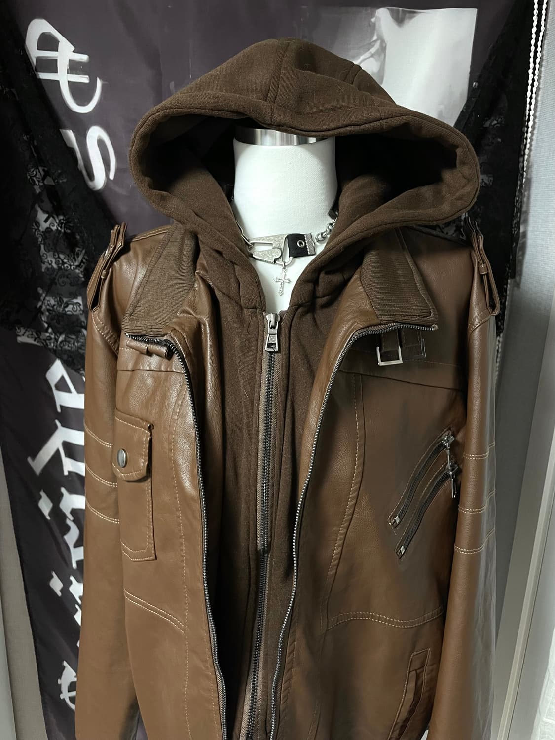 비건레더자켓 후드집업 레이어드 빈티지 봄버 유니섹스앤더슨벨에디슬리먼st 상품이미지7