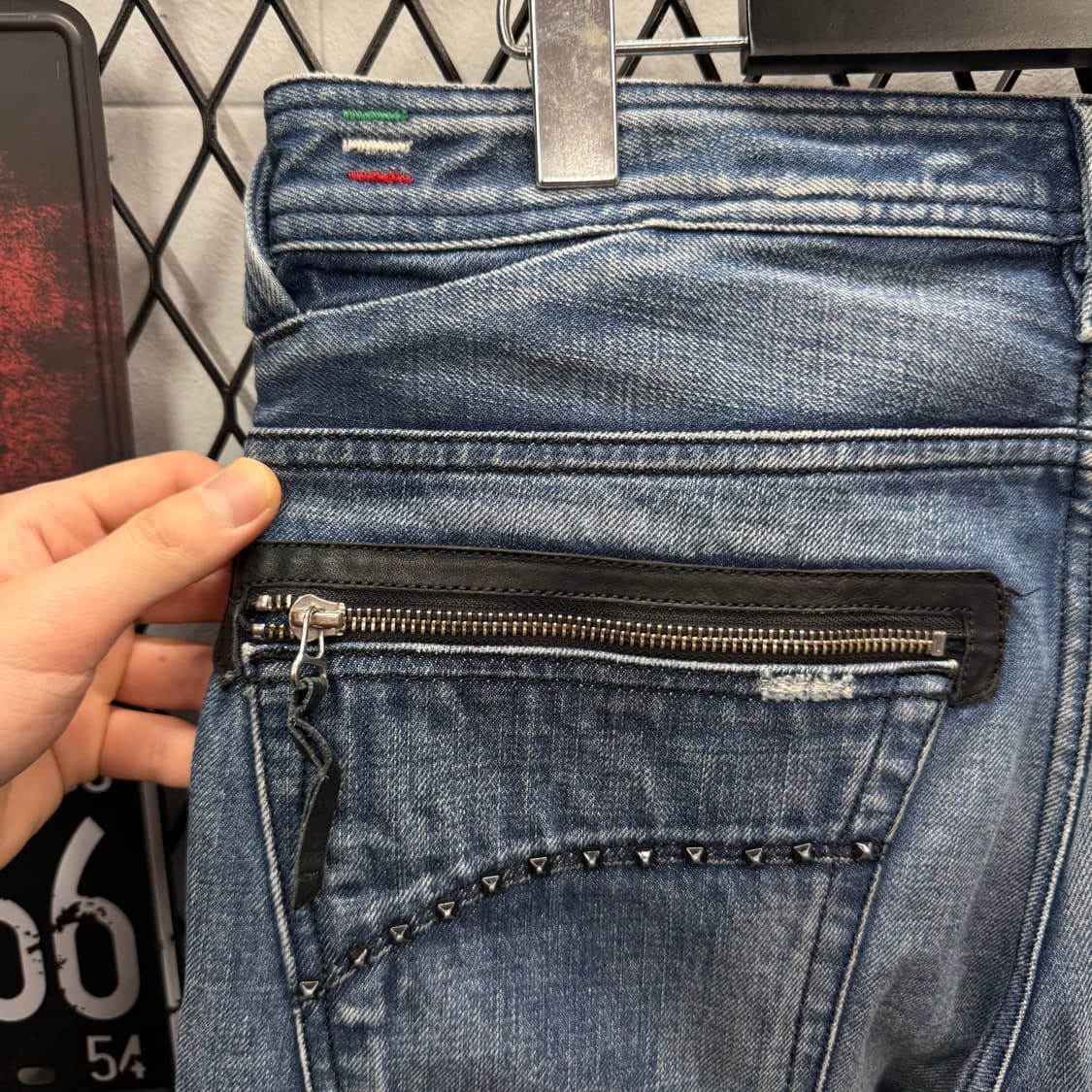 00s 디젤 인더스트리 데님 팬츠 후면 레더 집업 포켓 포인트 중청 상품이미지6