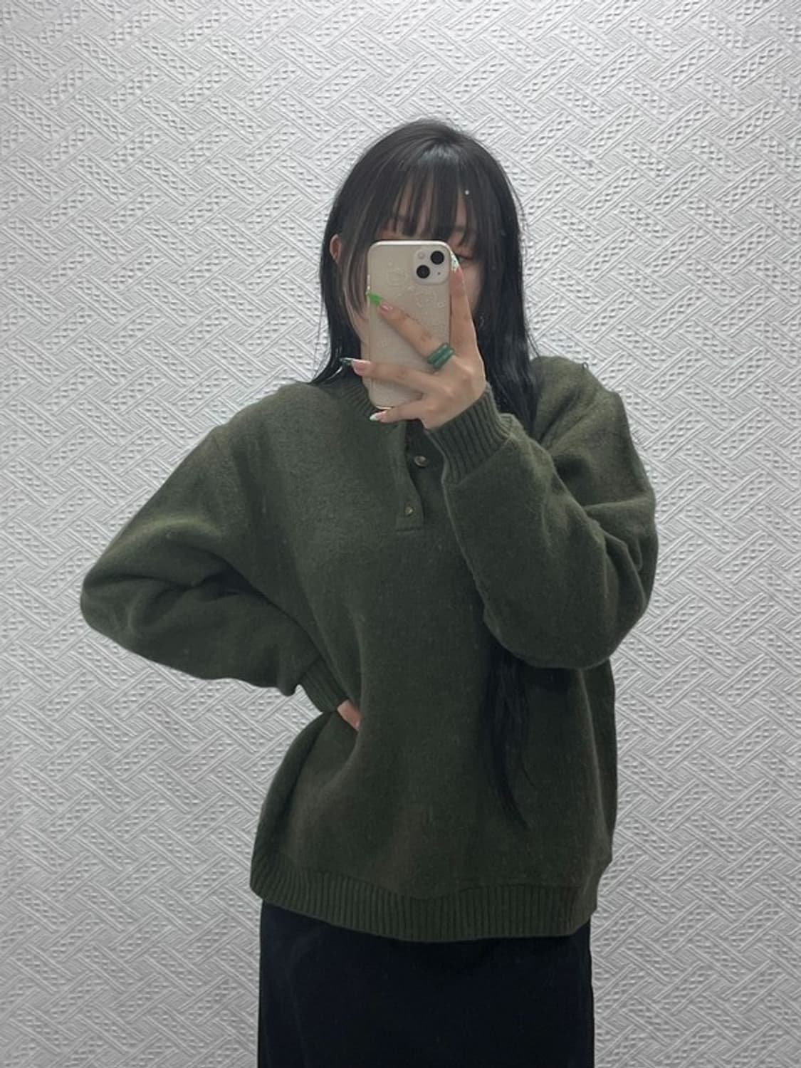 엘엘빈 캐주얼 말차 카키 반버튼 램스울 니트 M C08931 상품이미지2