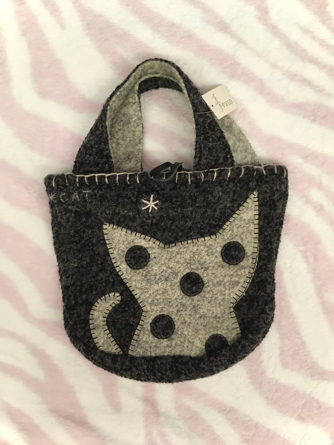 차콜 도트 고양이 펠트 핸드백 토트백 모리걸 겨울 가방 갸루 상품이미지1