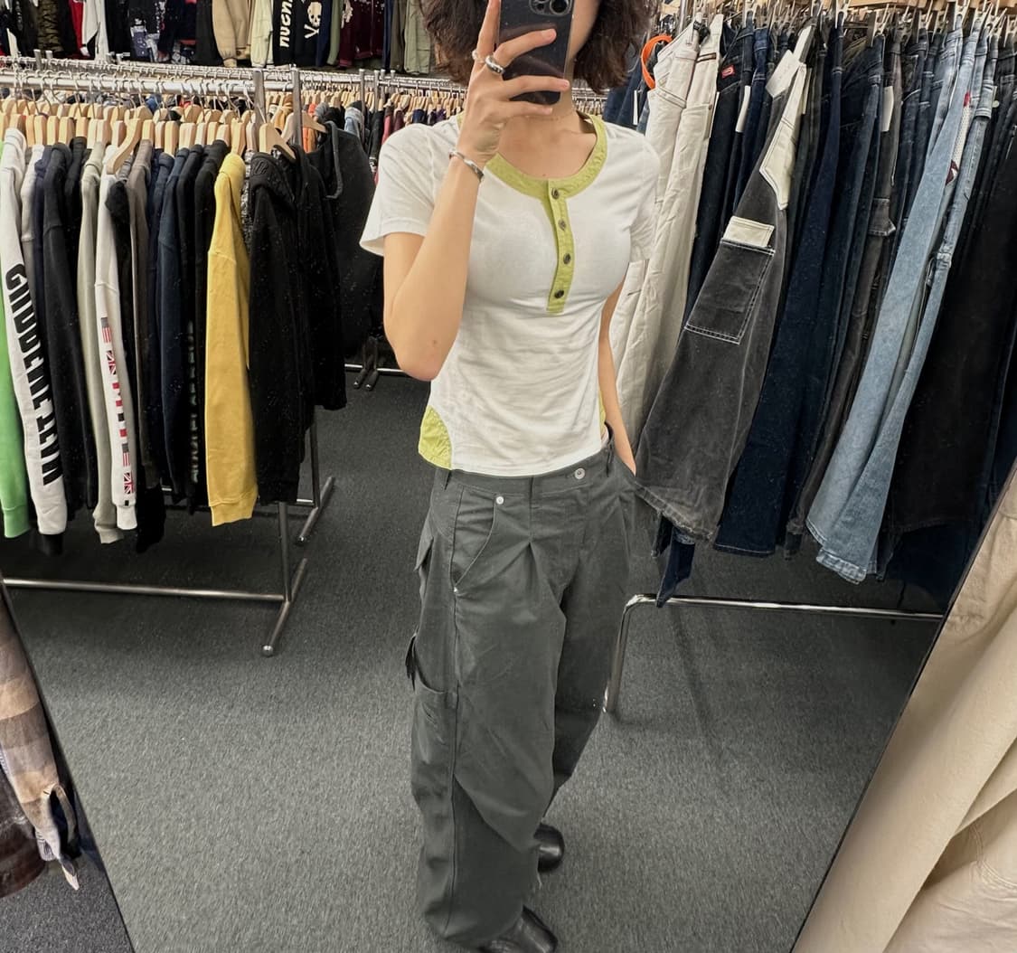 38)Japanese vintage 여성 그린 배색 포인트 화이트 헨리넥 상품이미지1