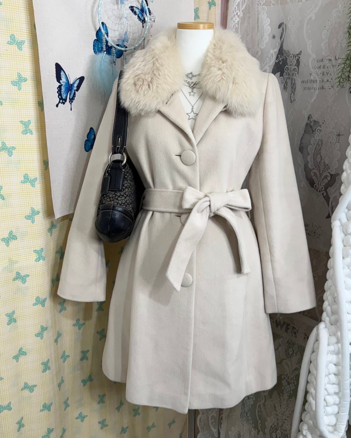 아이보리 앙고라 & 폭스퍼 롱 코트 상품이미지5