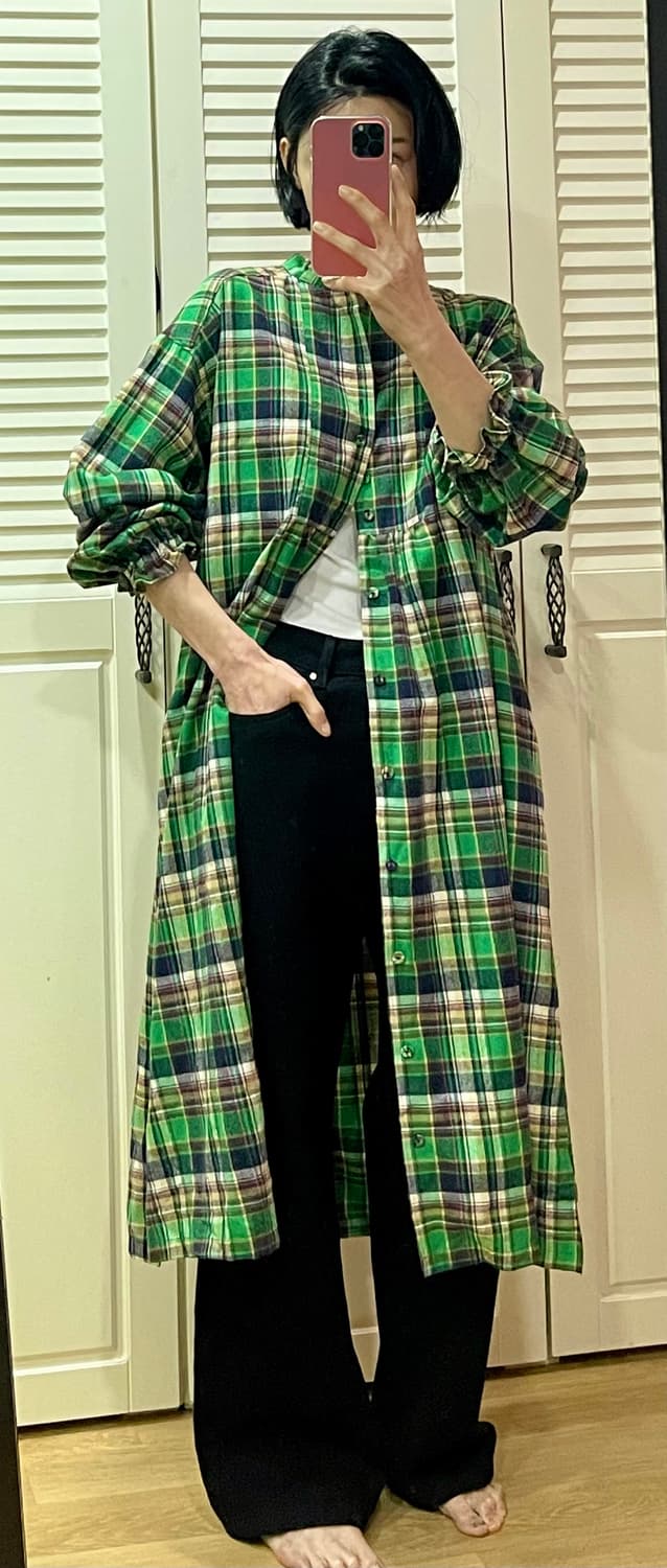 rivet & surge 사이드 슬릿 요크 체크 롱 원피스 (그린) 상품이미지8