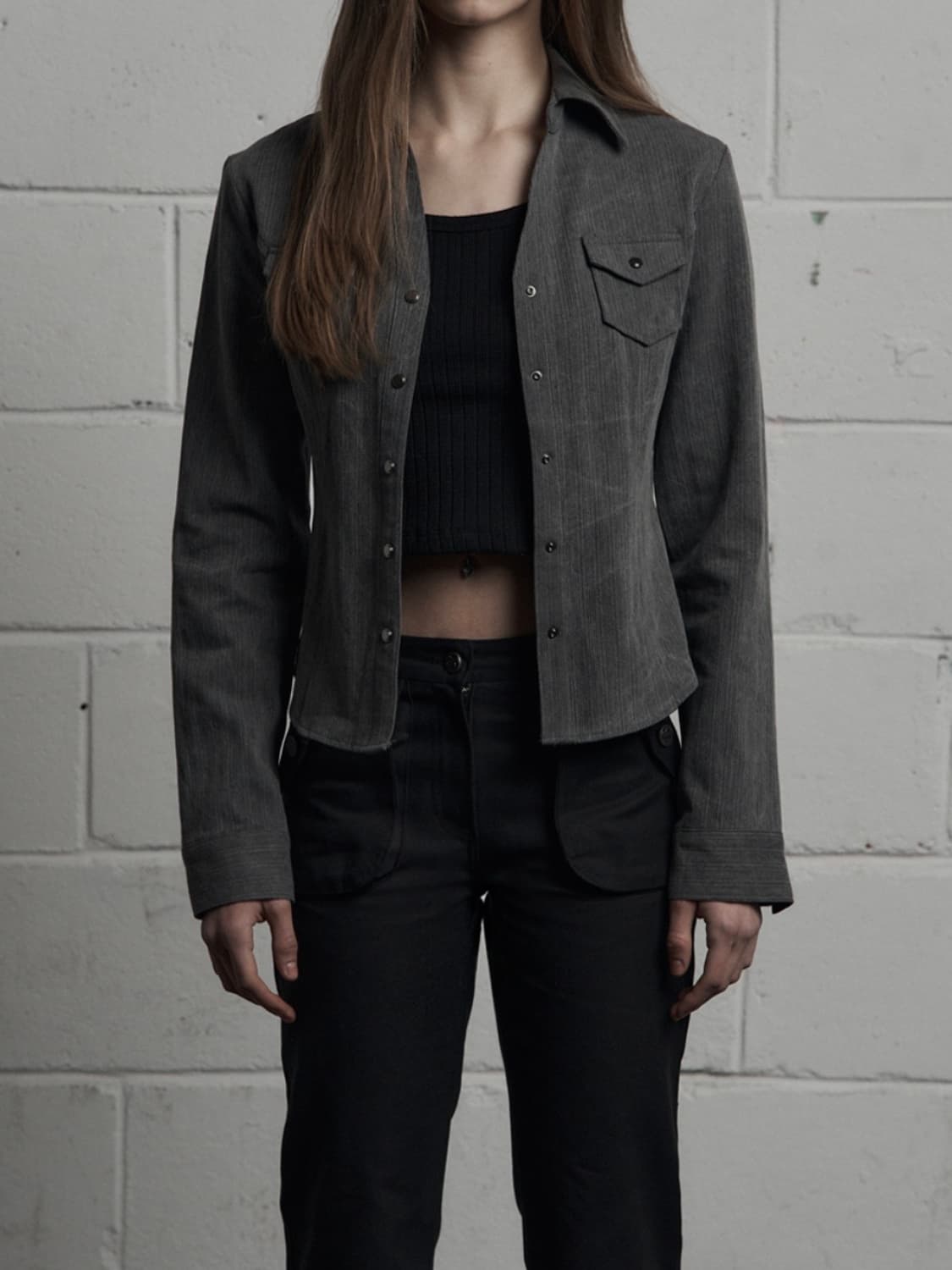 시너진 포켓 브이넥 자켓 셔츠 차콜 상품이미지1