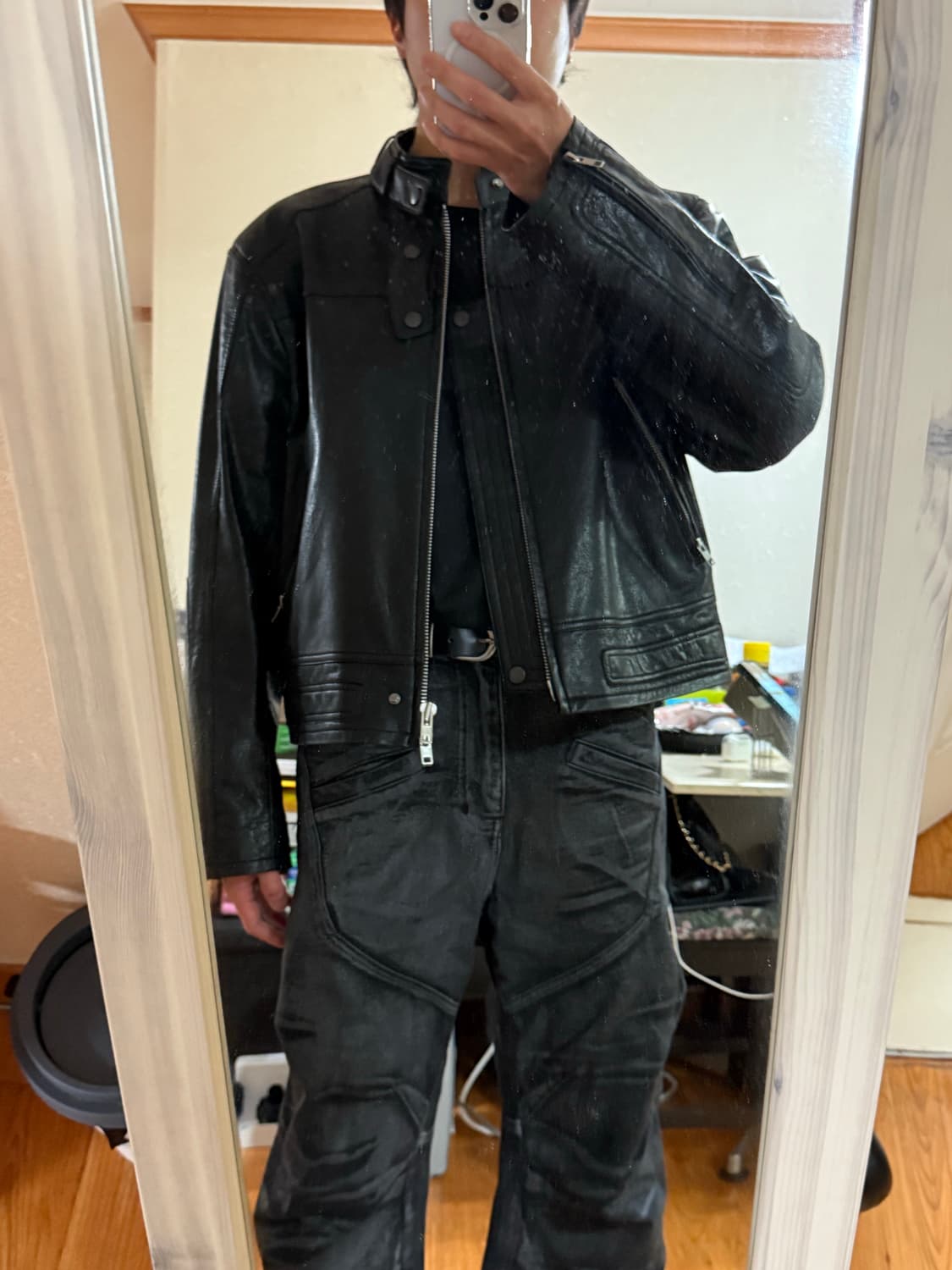 알렌느 - 벨티드 3D 레더 바이커 자켓 (블랙/1) 상품이미지6