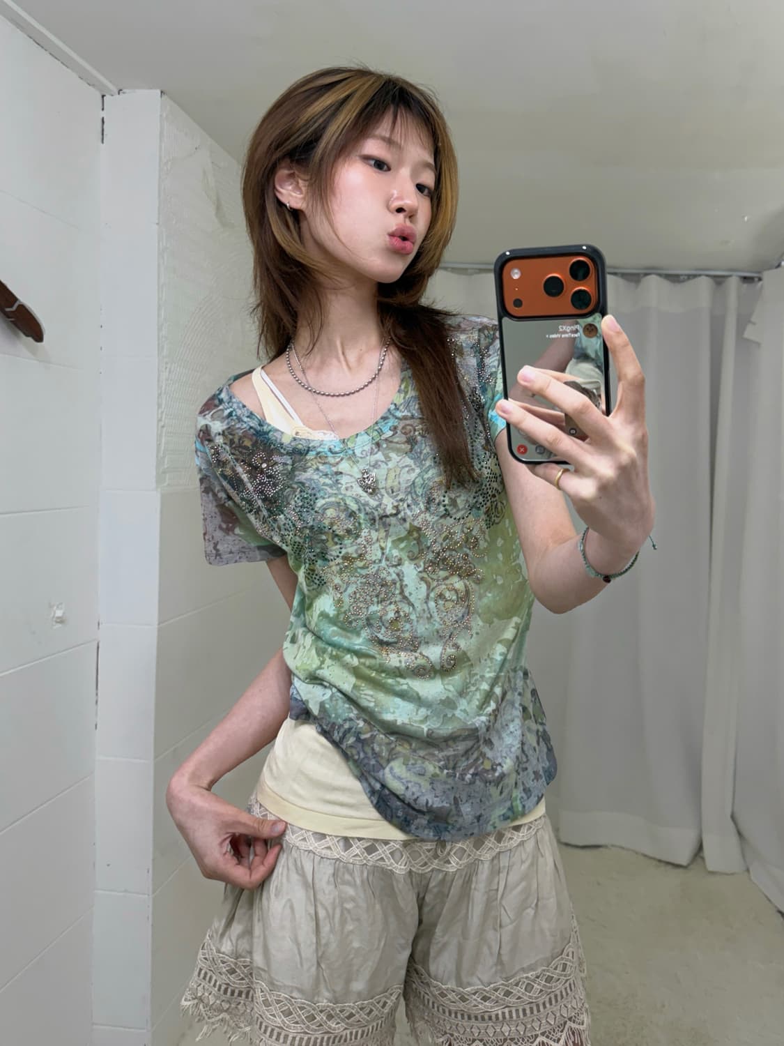 (상의 세트) 그런지 페어리 큐빅 반팔 티셔츠 + 옐로우 란제리코어 나시 상품이미지2