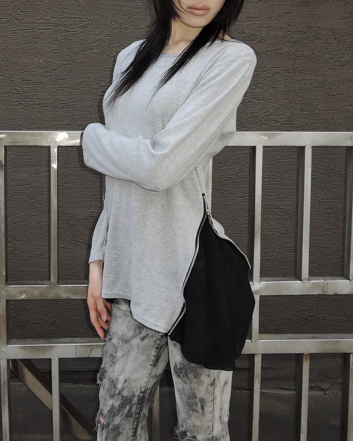 Side Zipper Chiffon Layered Long Top 상품이미지2