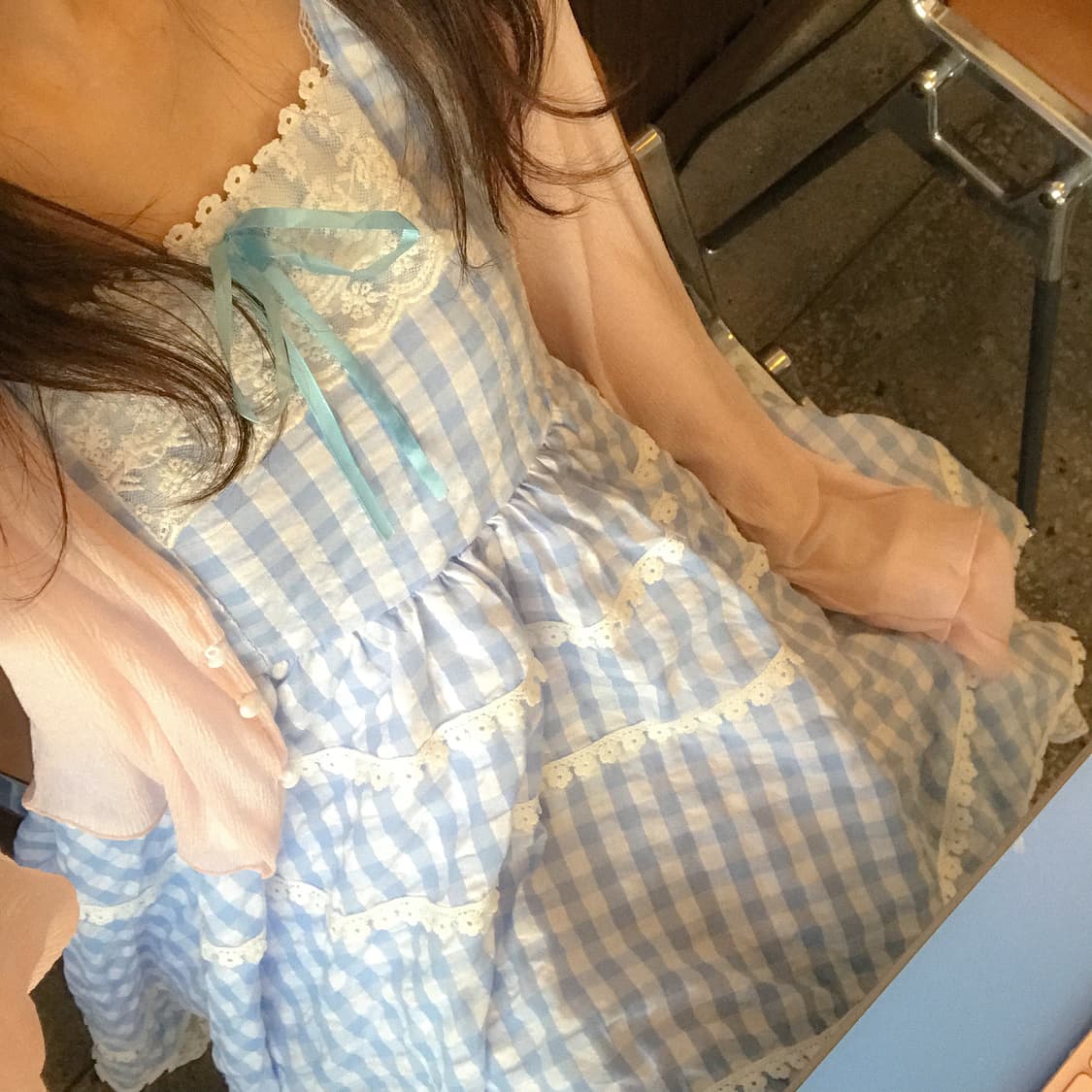 빈티지 아일릿 하늘색 체크 레이스 원피스 히메갸루 로걀 모리걸 페어리 상품이미지2