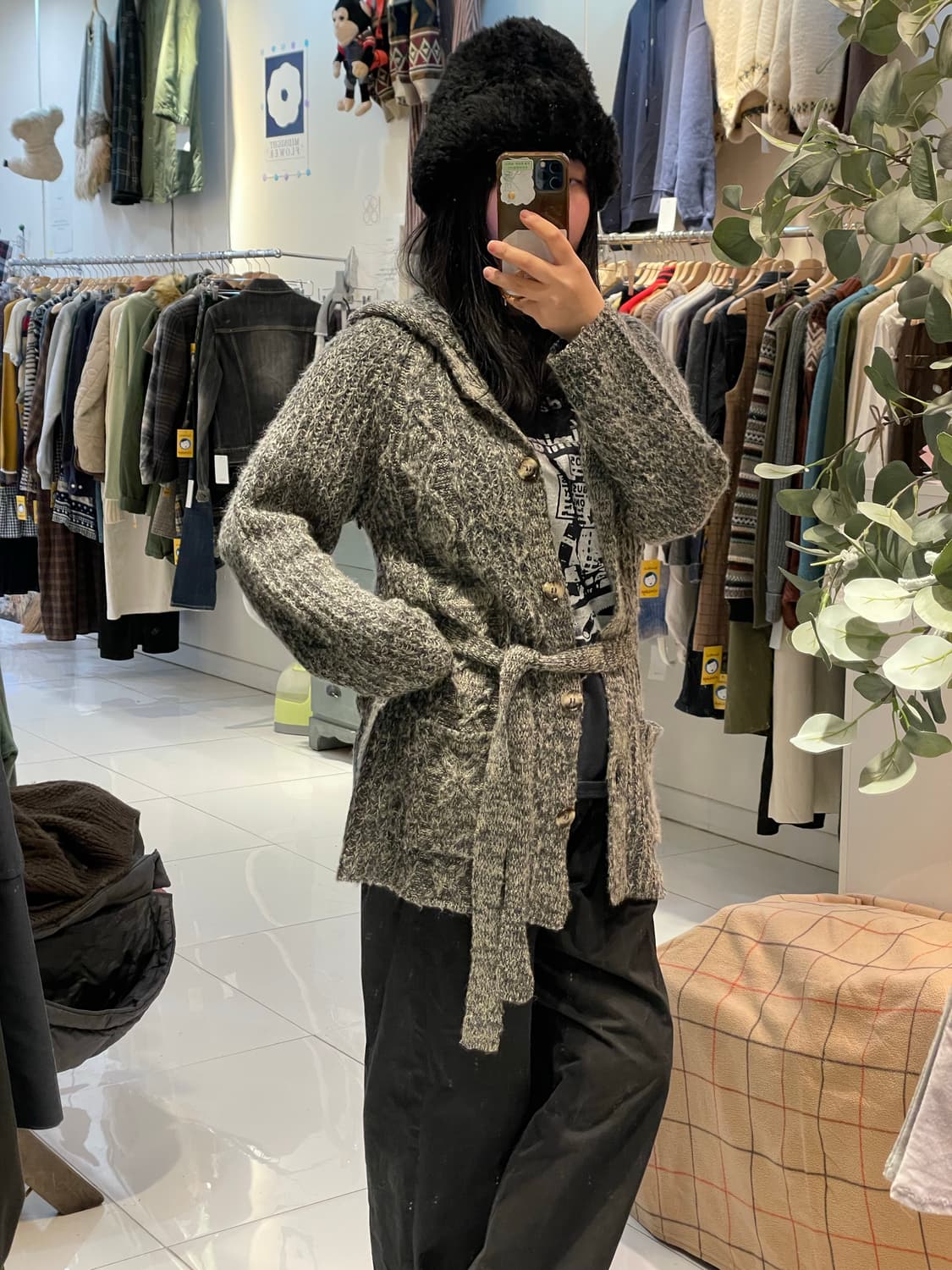 일본빈티지 보카시 후드 벨트가디건 상품이미지2