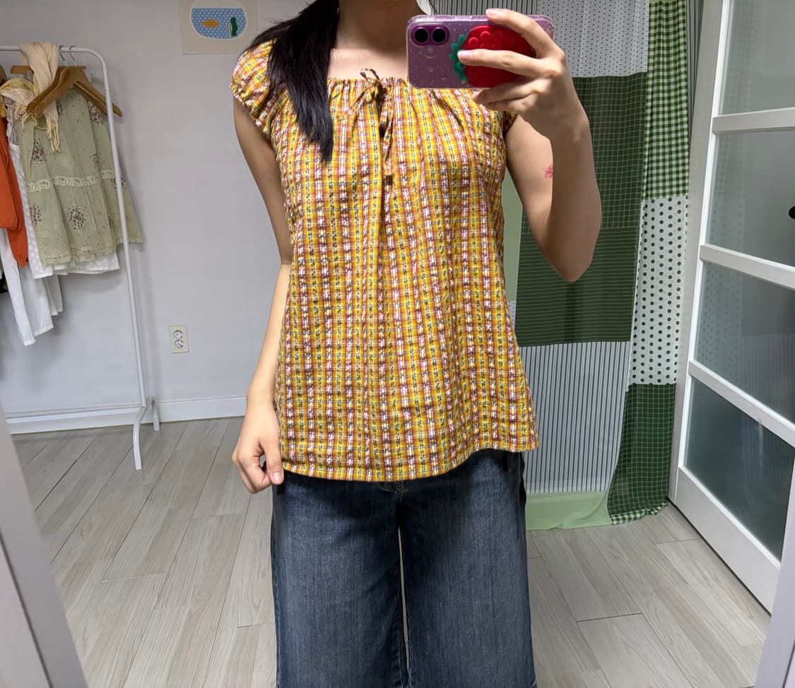 오렌지 체크 퍼프 소매 블라우스 상품이미지4