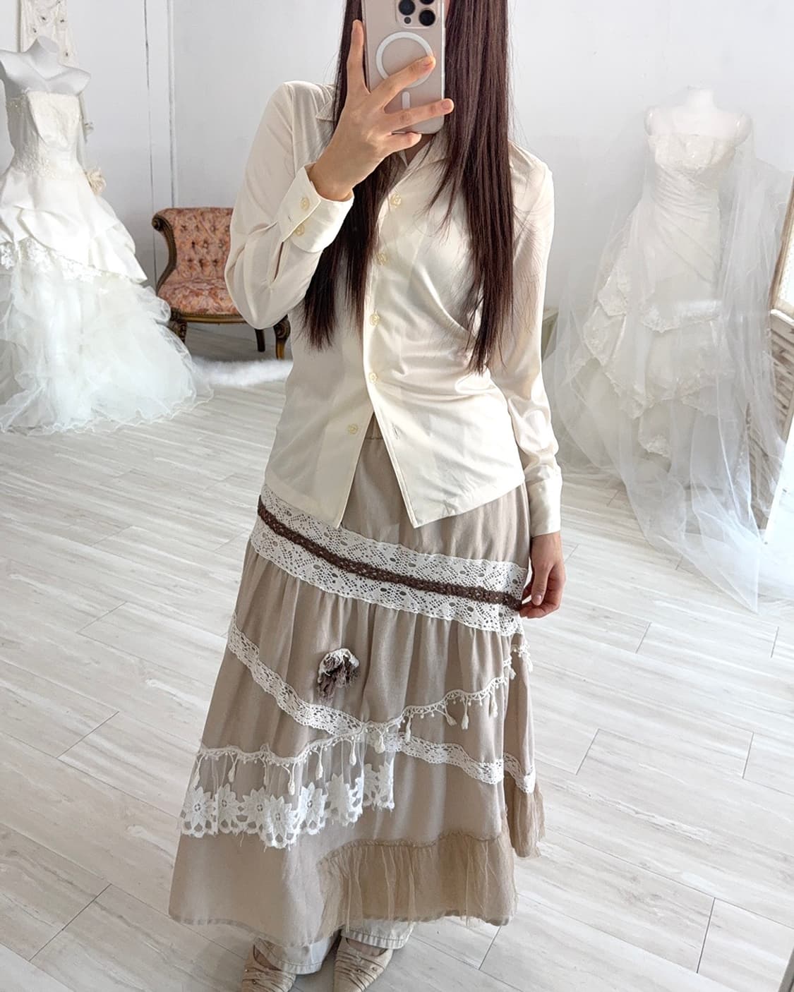 Beige lace patch-work long skirt 상품이미지5