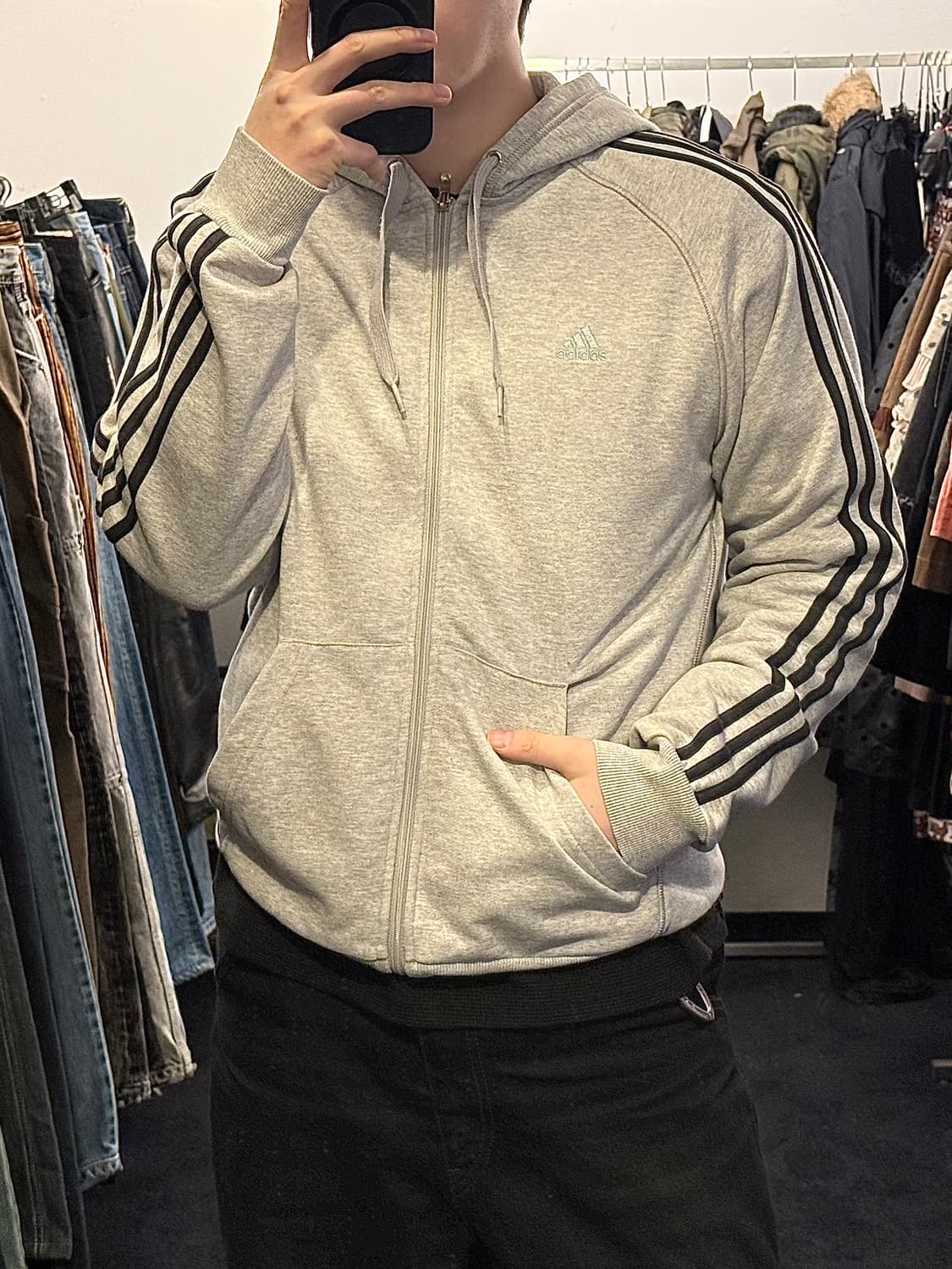 아디다스 그레이 회색 블랙 검정 삼선 스웻 후디 후드 집업 105 XL 상품이미지1