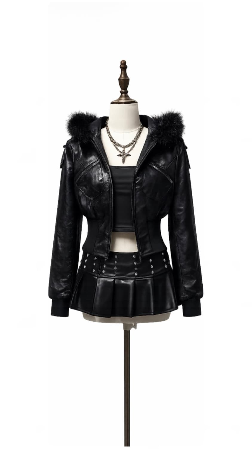 펑크 엠보싱 크롭 퍼 가죽자켓 상품이미지1