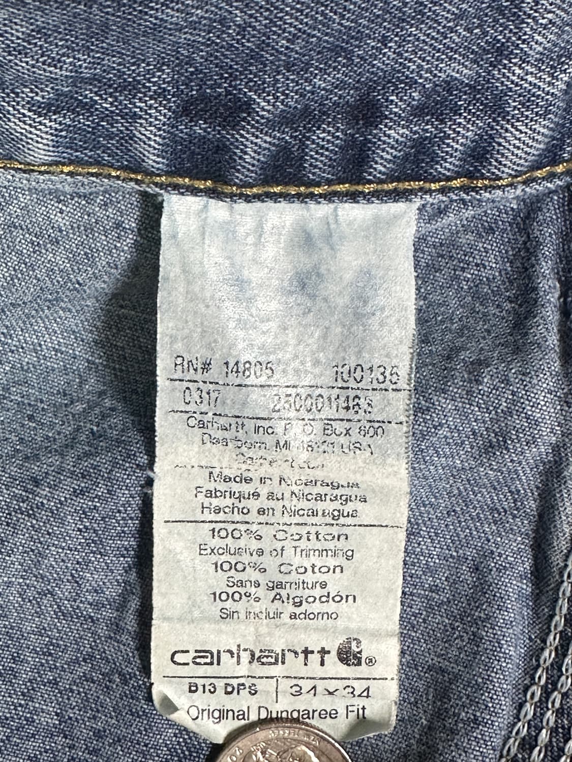 칼하트 B13 데님 싱글니 카펜터 카고 팬츠 W34 던가리 핏 상품이미지7