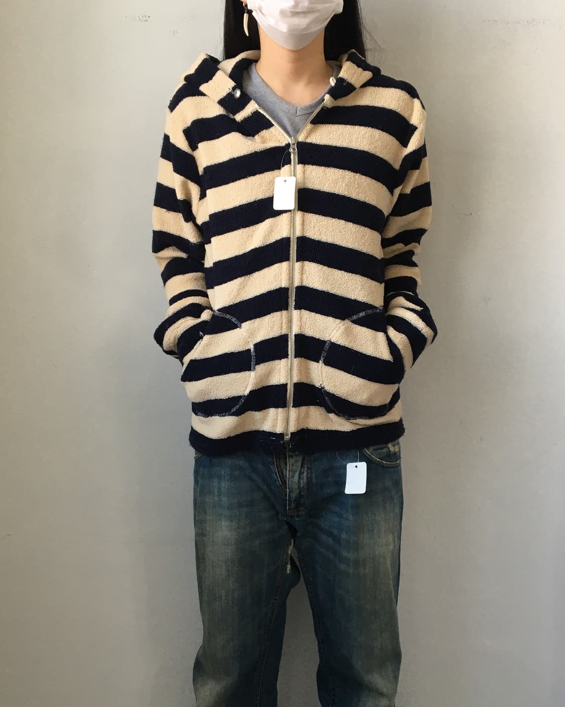 Stripe pattern fleece hood zip up 상품이미지1