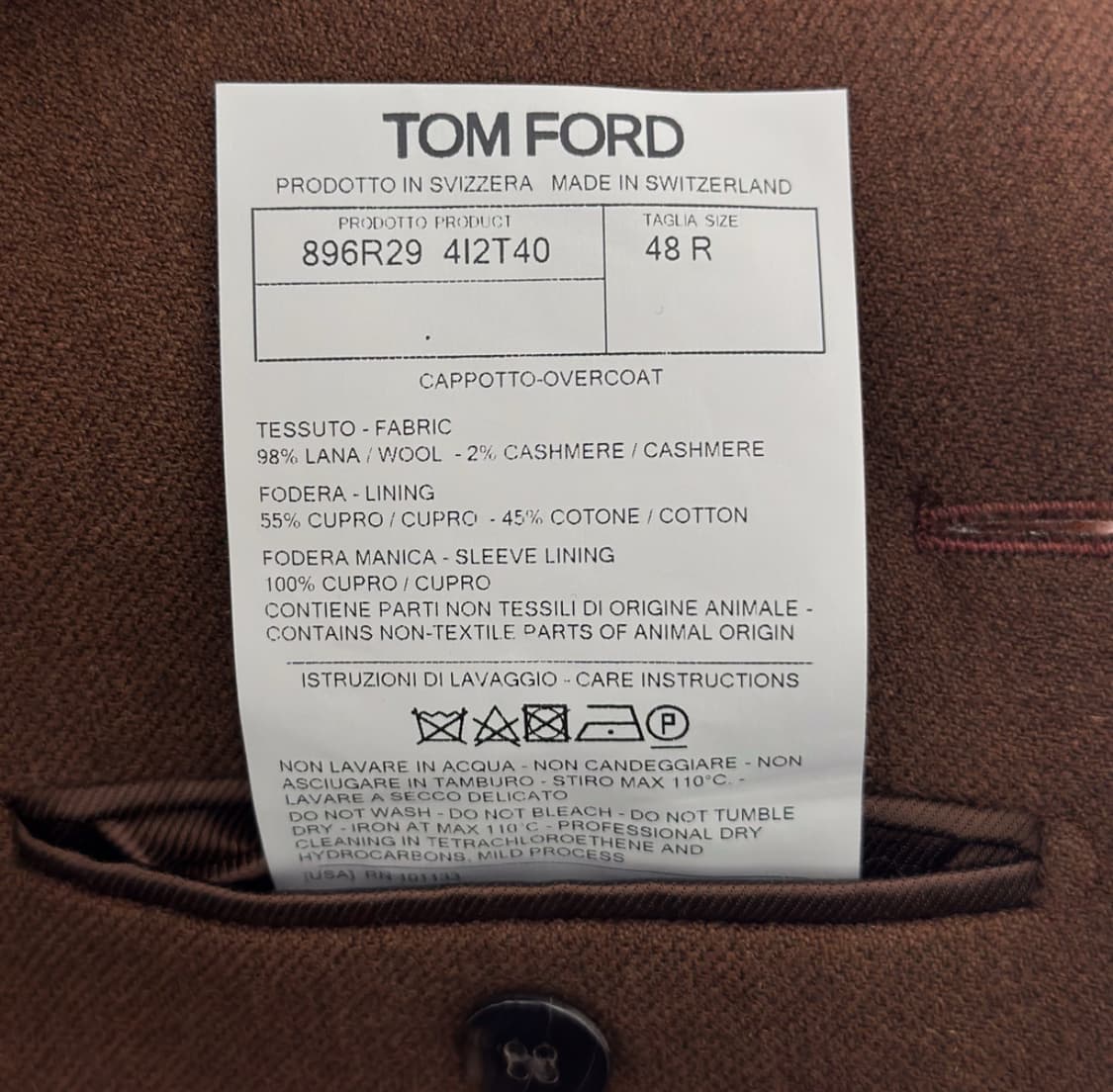 [48] Tomford 톰포드 남성 레더 울 캐시미어 싱글 롱코트 브라운 상품이미지9